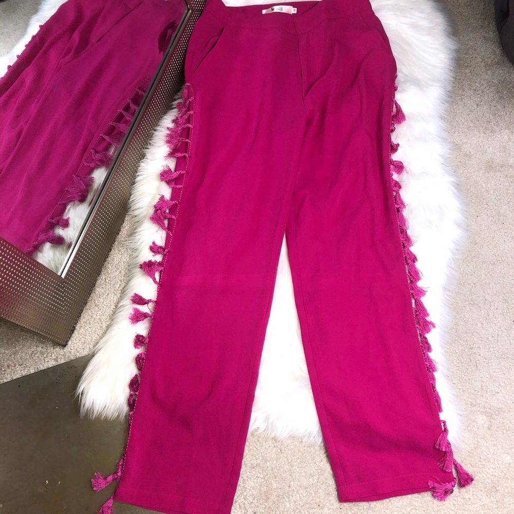 Hot pink pants with fringe detail